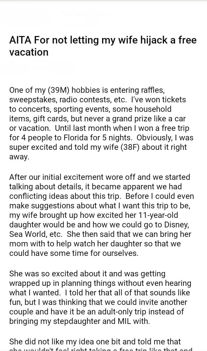 AITA For not letting my wife hijck a free vacation - DJOTD.com