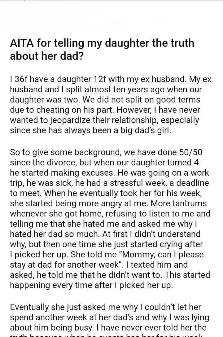 Aita For Telling My Daughter The Truth About Her Dad Djotd