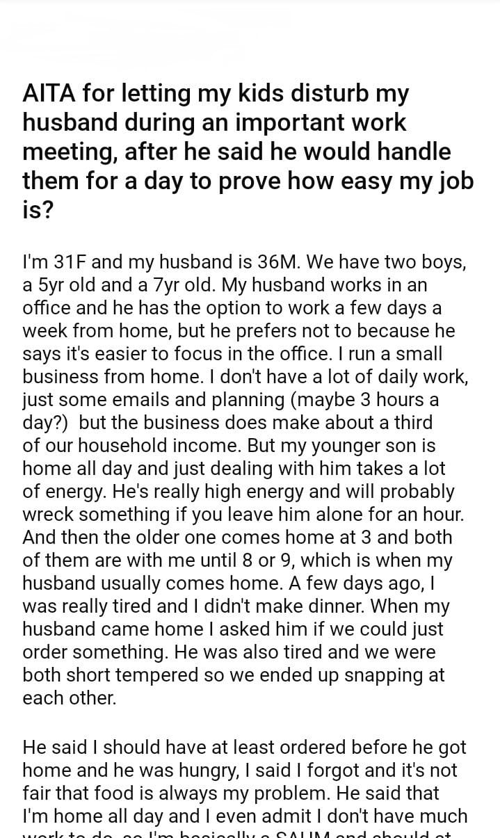 AITA for letting my kids disturb my husband during an important work