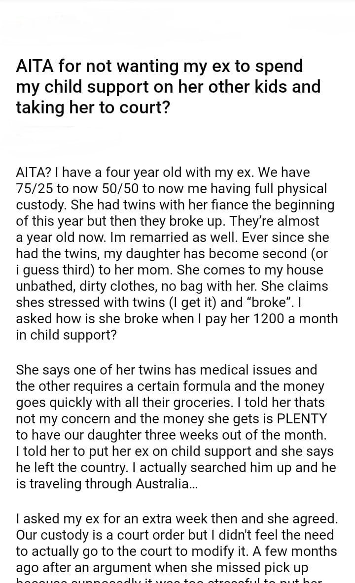 AITA for not wanting my ex to spend my child support - DJOTD.com