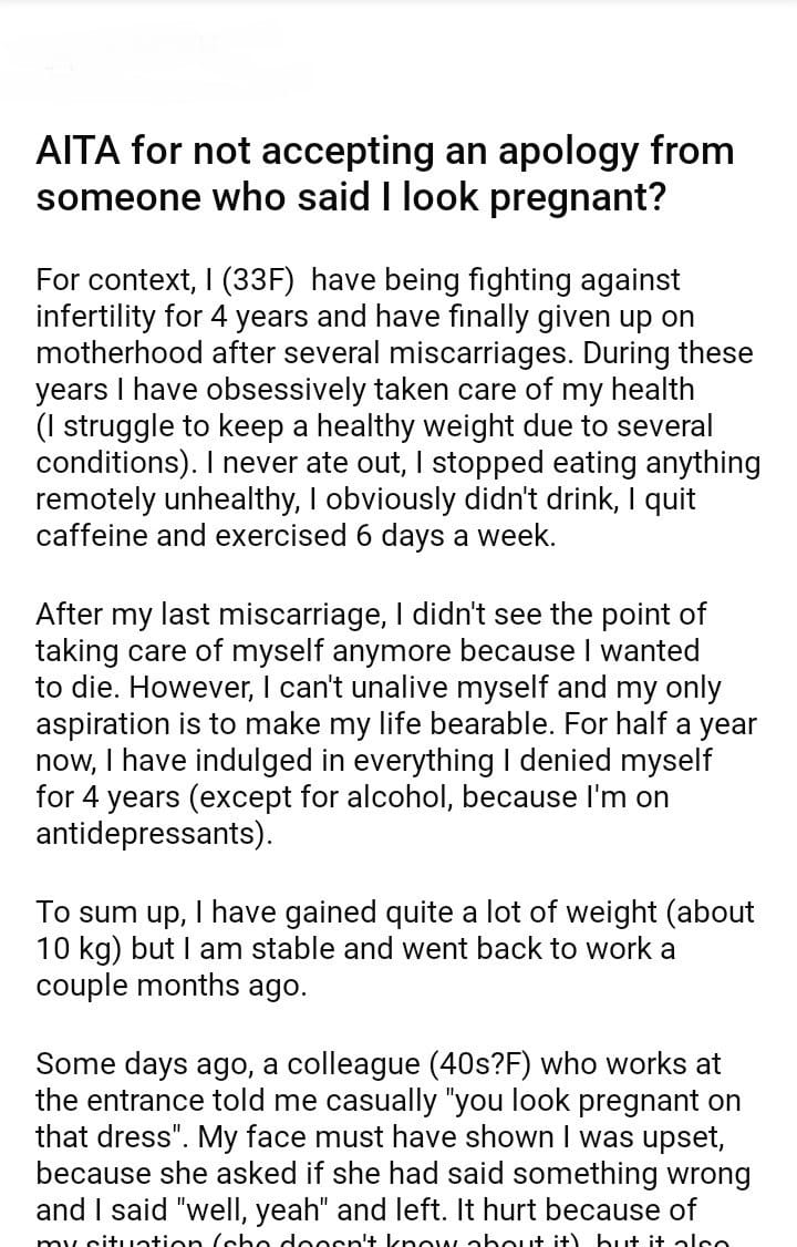 Aita for not accepting an apology from someone who said i look pregnant