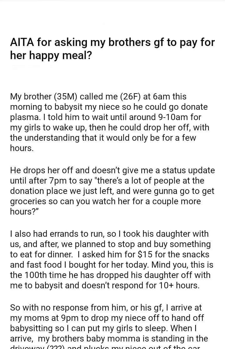 AITA for asking my brothers gf to pay for her happy meal?