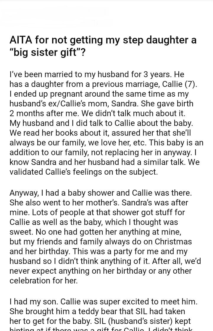 AITA for not getting my step daughter a “big sister gift”?