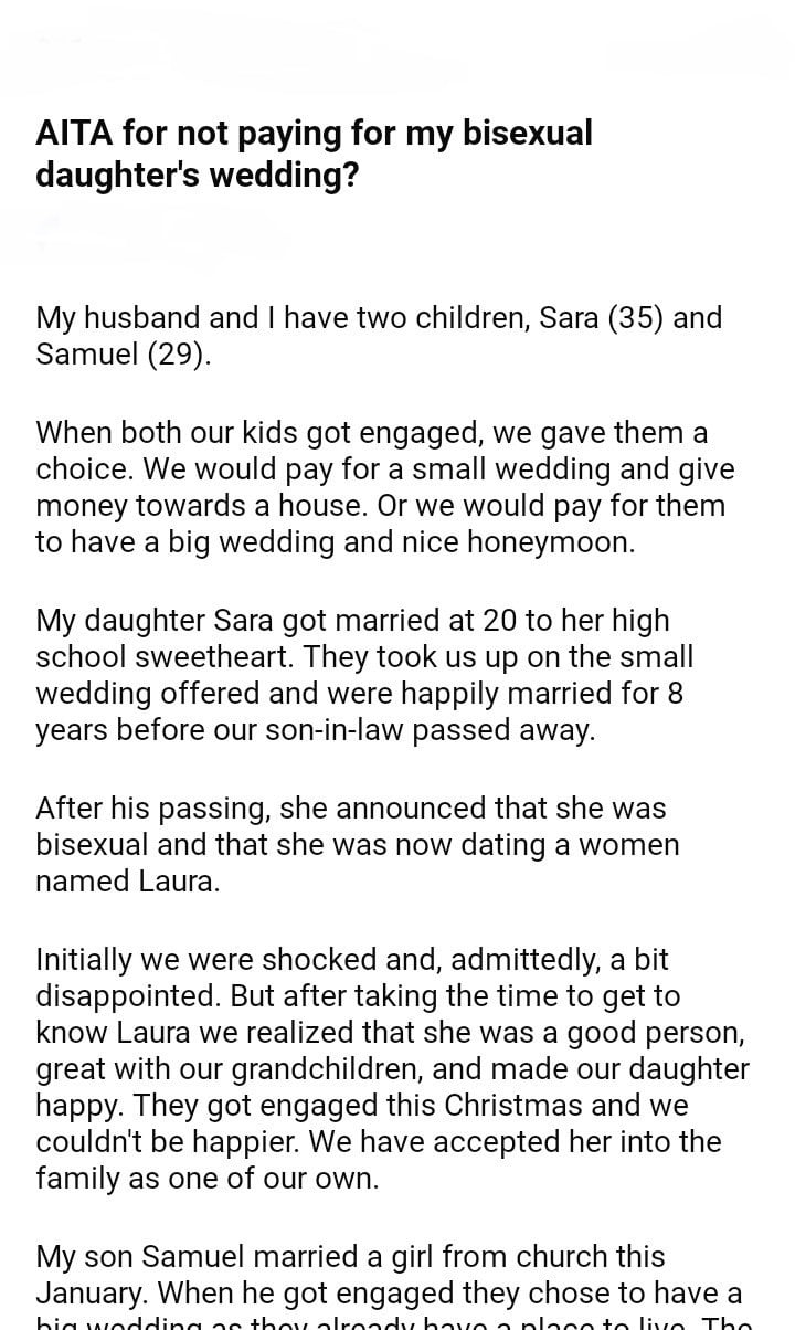 AITA for not payng for my daughter s wedding? DJOTD com