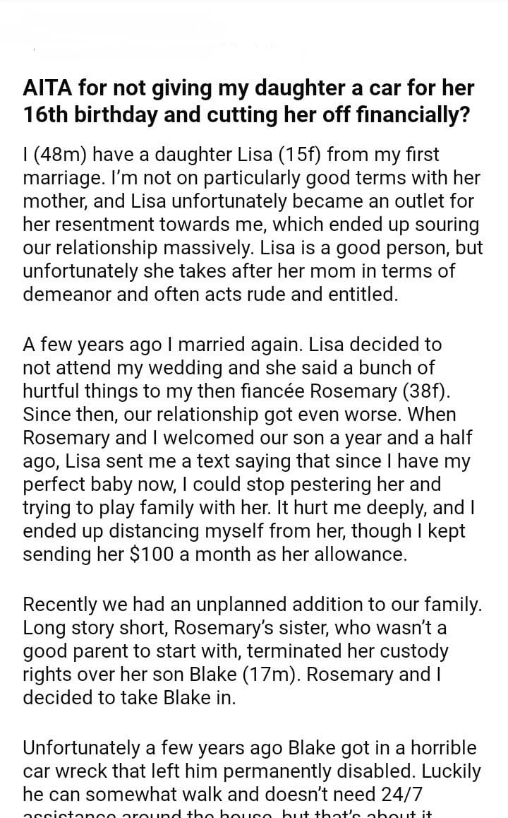 AITA for not giving my daughter a car for her 16th birthday - DJOTD.com