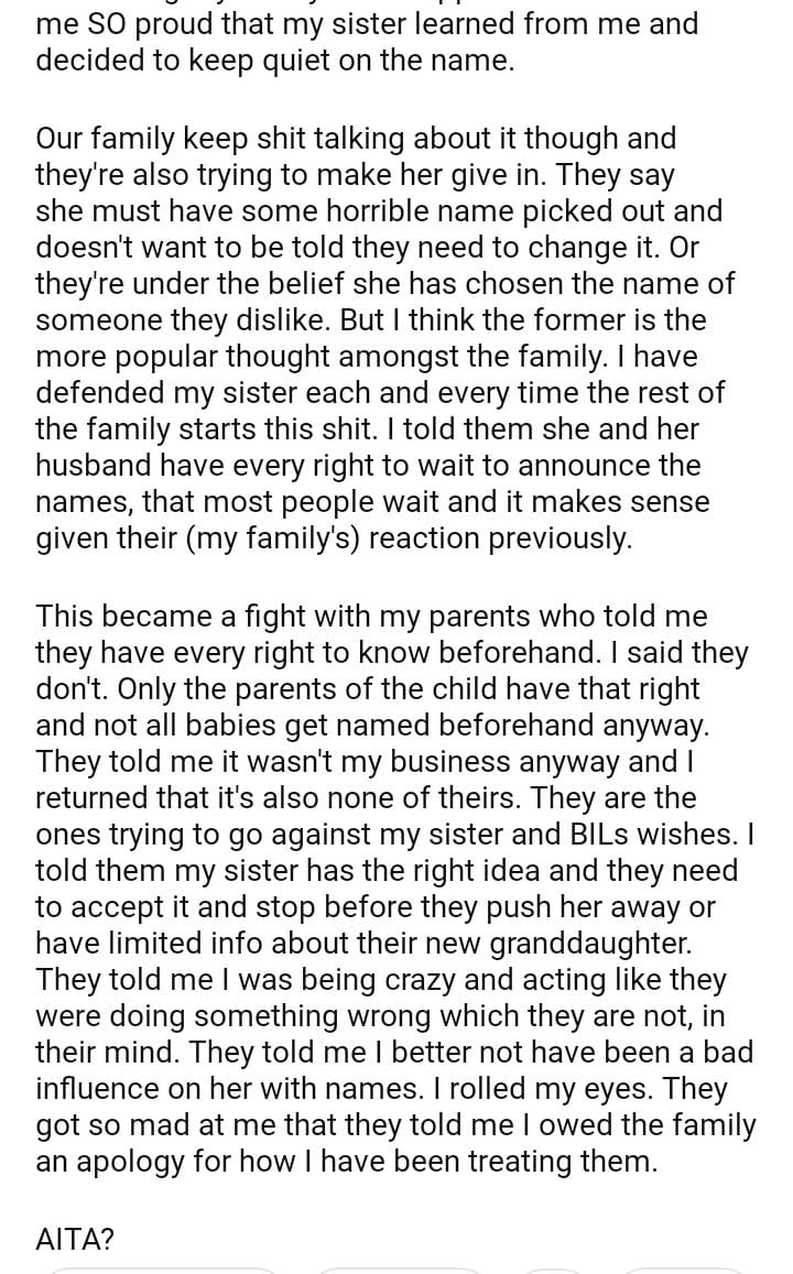 AITA for defending my sister’s right to keep her baby’s name secret ...