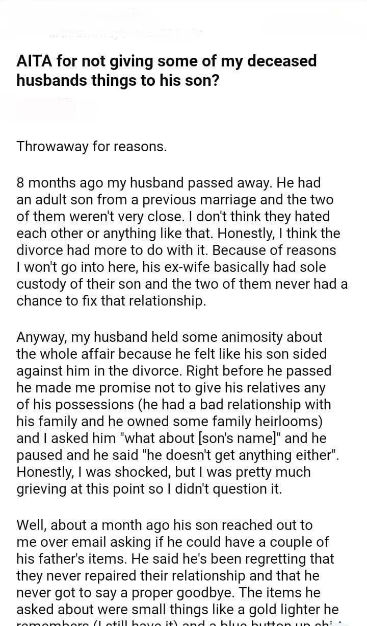 AITA for not giving some of my husbands things to his son? - DJOTD.com