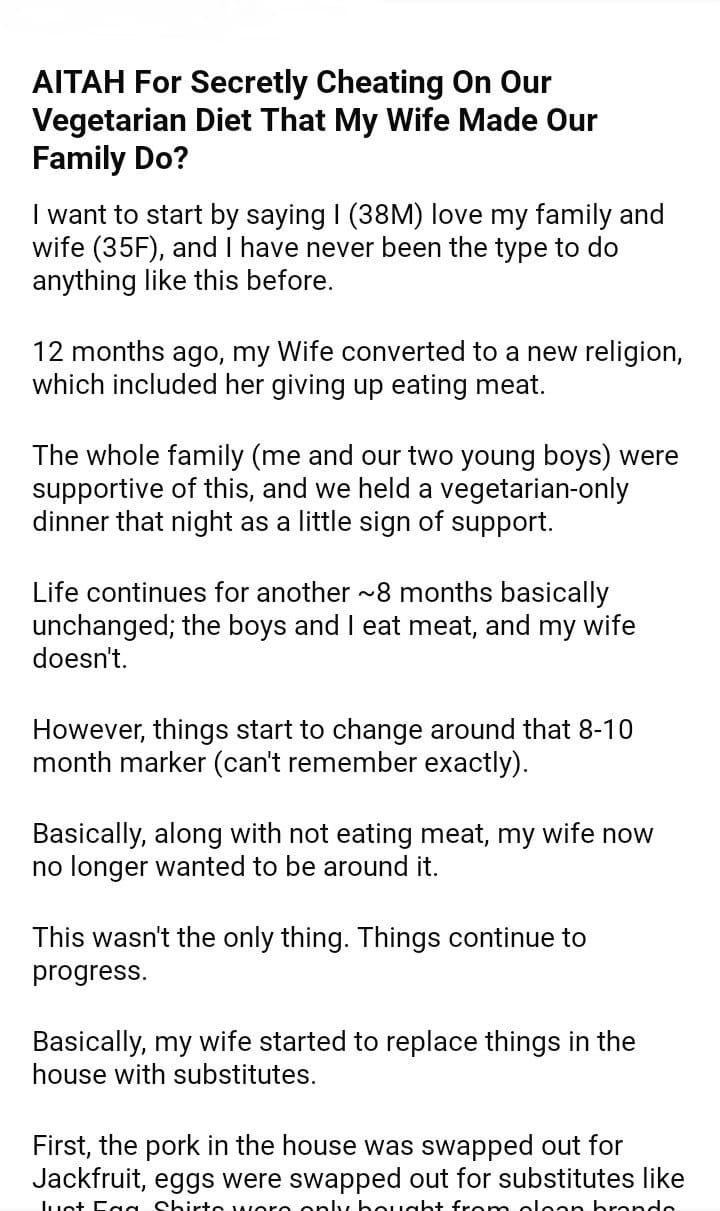AITAH For on Our Vegetarian Diet That My Wife Made Our Family Do